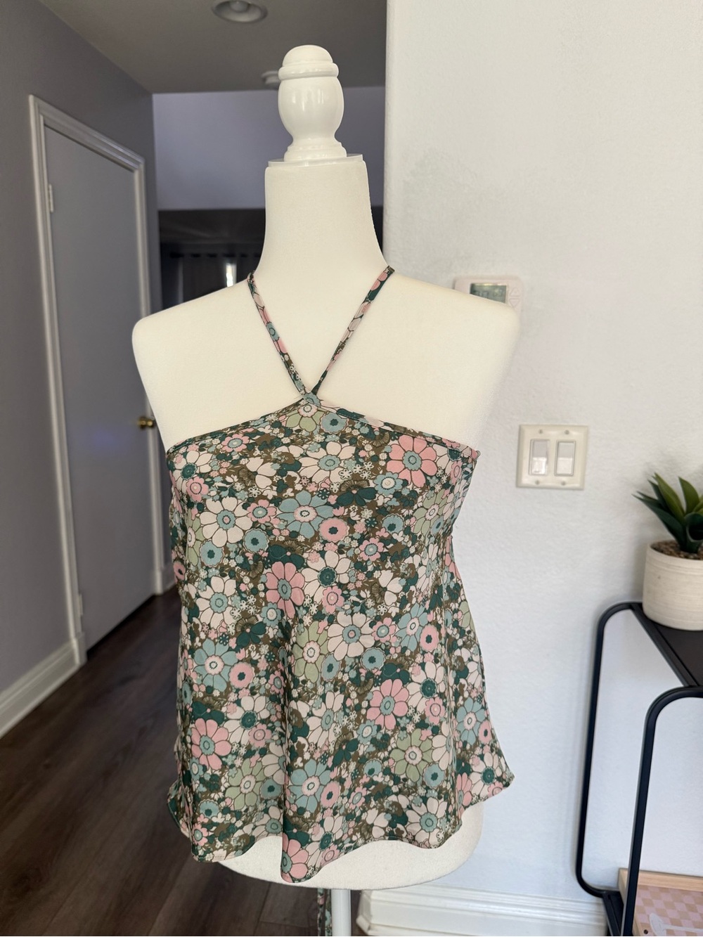 Cotton Candy Floral Cross-Strap Halter Cami in Pink & Green